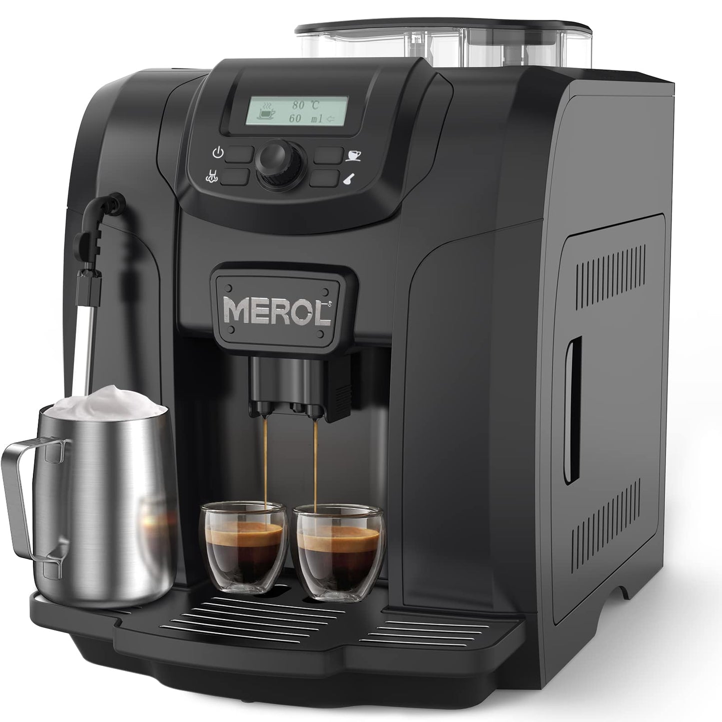MEROL Automatic Espresso Coffee Machine, 19 Bar Barista Pump Coffee Maker with Grinder and Manual Milk Frother Steam Wand for Cappuccino Latte Macchiato, Black, Christmas Gift